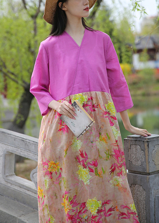 Boutique Rose Print Pockets Patchwork Cotton Long Dresses Summer