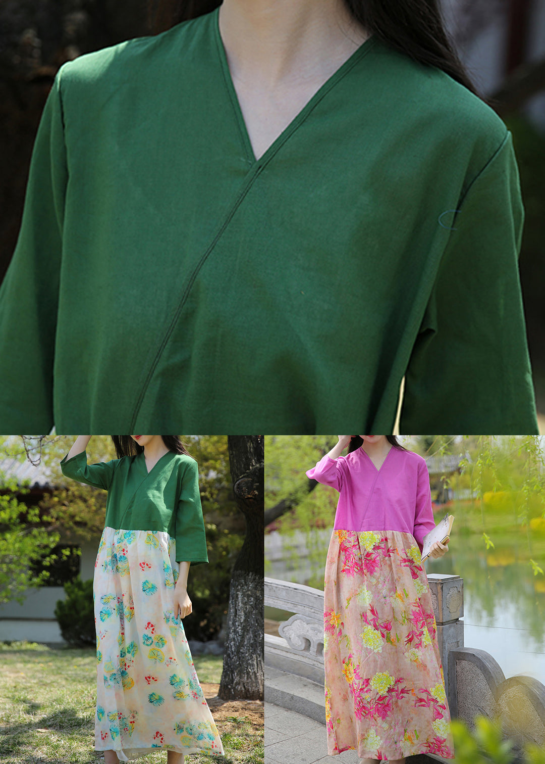 Boutique Rose Print Pockets Patchwork Cotton Long Dresses Summer