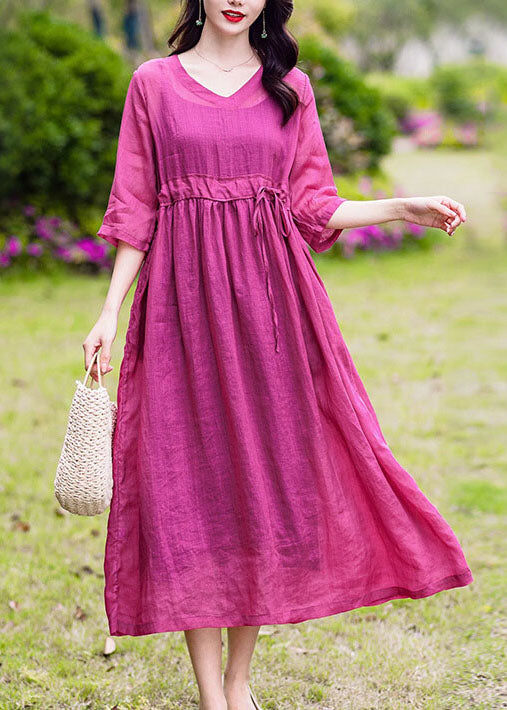 Boutique Rose V Neck Drawstring Patchwork Linen Dresses Summer