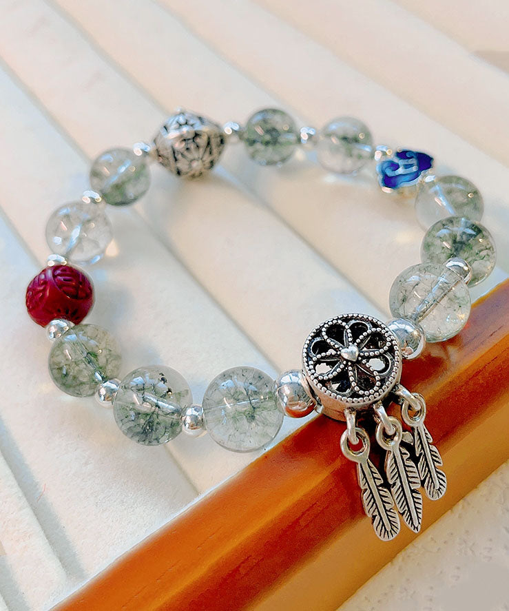 Boutique Silk Sterling Silver Crystal Floral Dream Catcher Tassel Charm Bracelet