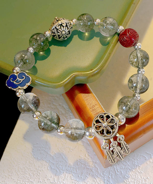 Boutique Silk Sterling Silver Crystal Floral Dream Catcher Tassel Charm Bracelet