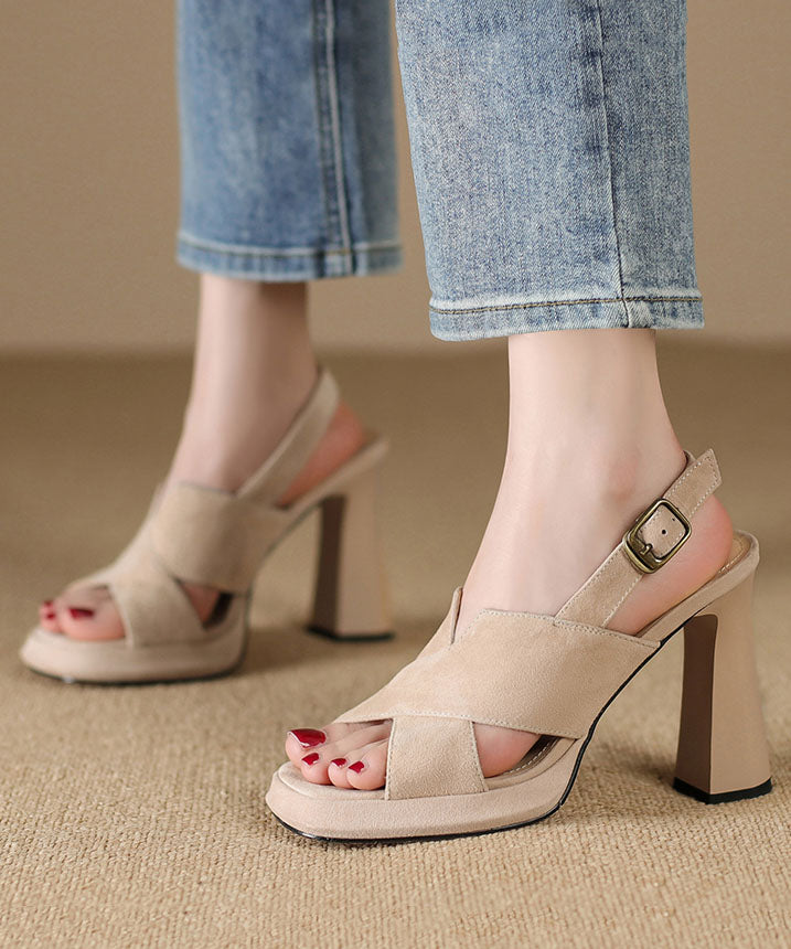 Boutique Splicing Peep Toe High Heel Sandals Apricot Suede