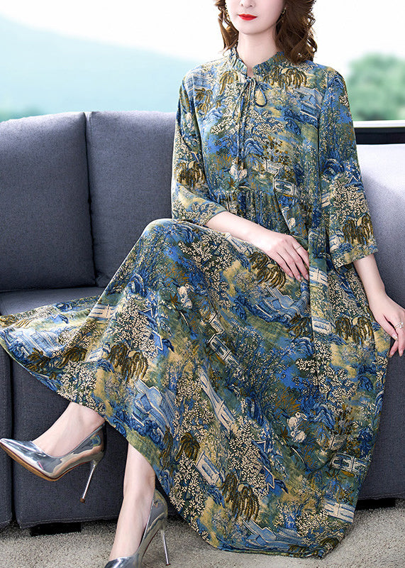 Boutique Stand Collar Wrinkled Print Chiffon Party Dress Summer