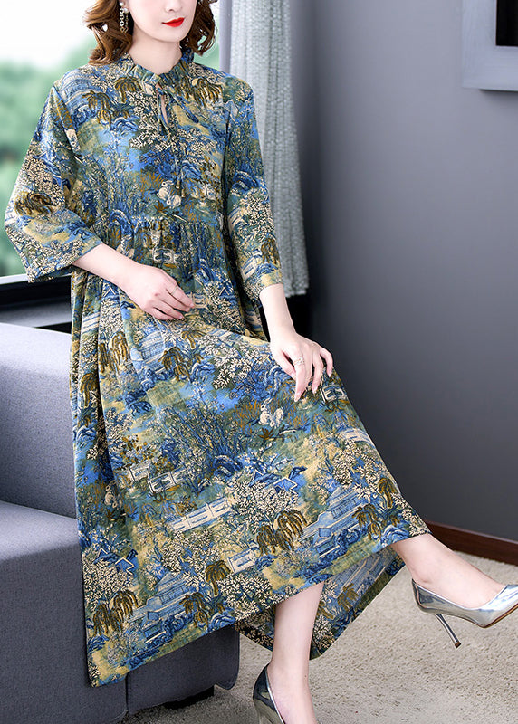Boutique Stand Collar Wrinkled Print Chiffon Party Dress Summer