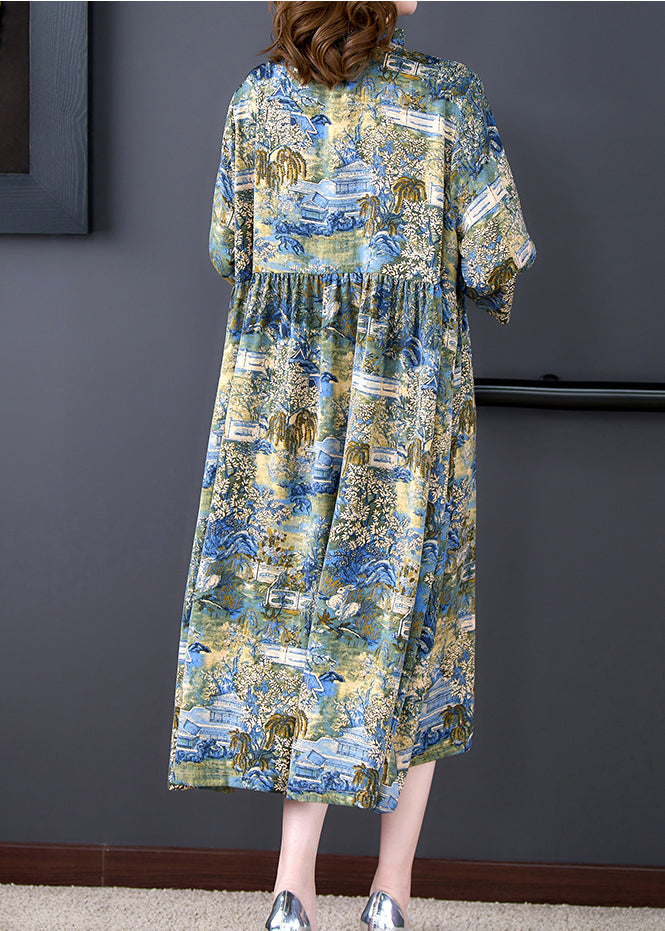 Boutique Stand Collar Wrinkled Print Chiffon Party Dress Summer