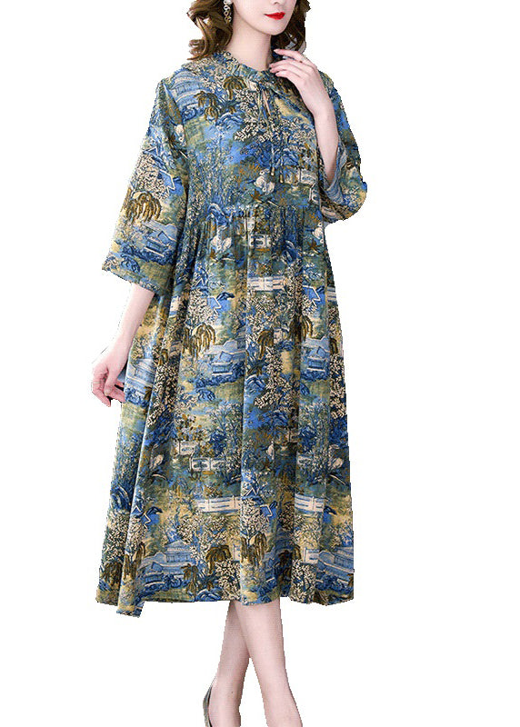 Boutique Stand Collar Wrinkled Print Chiffon Party Dress Summer