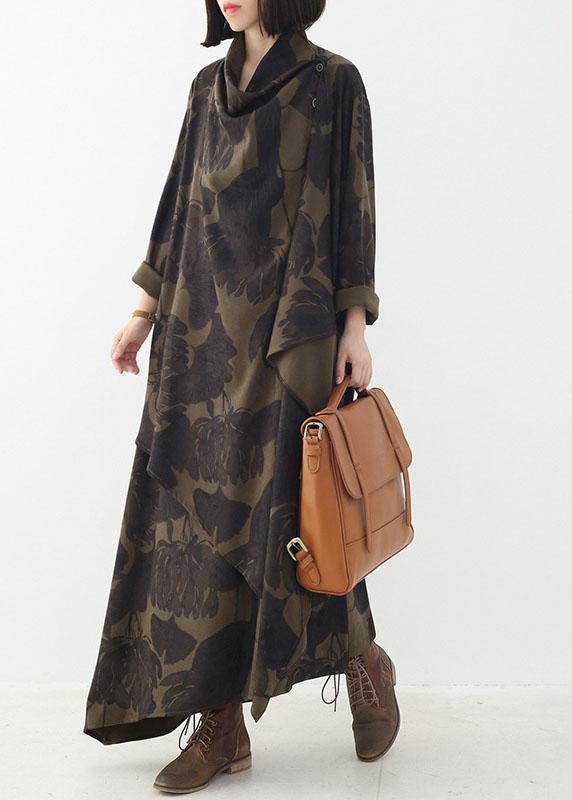 Boutique Tea Green Button Print asymmetrical design Fall Dresses Long sleeve - Omychic