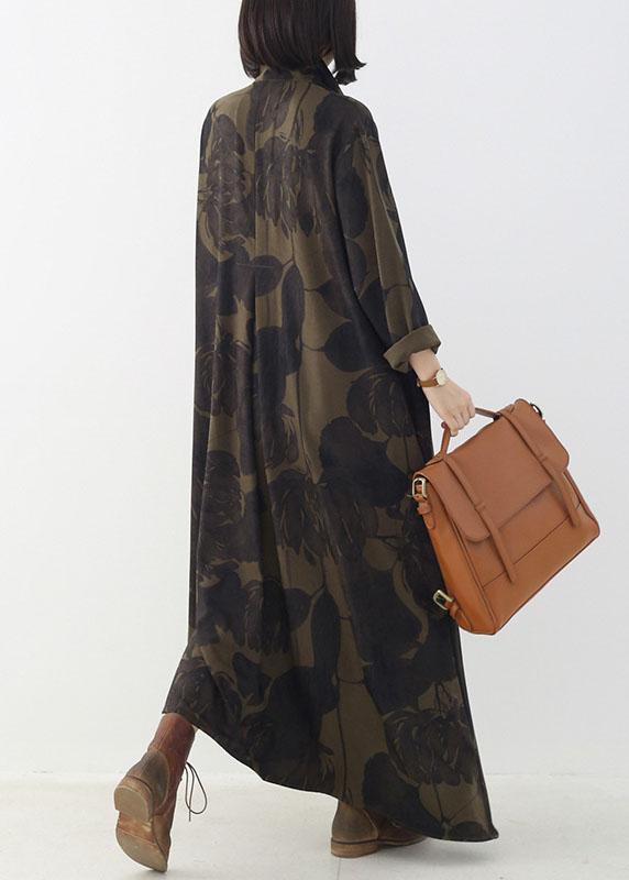 Boutique Tea Green Button Print asymmetrical design Fall Dresses Long sleeve - Omychic