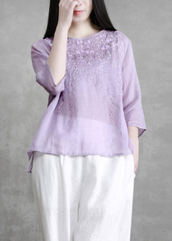 Boutique Violet O-Neck Embroideried Floral Linen Shirts Long Sleeve