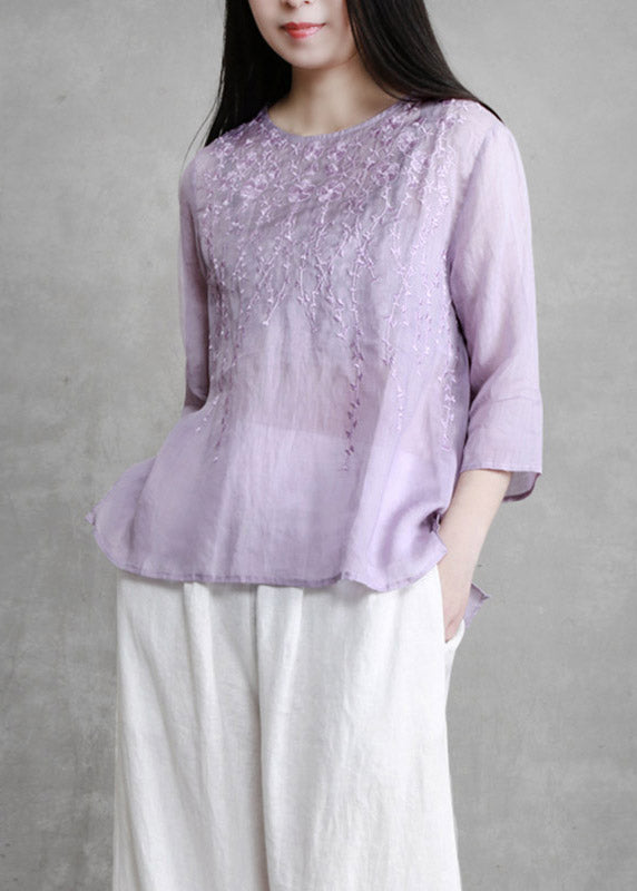 Boutique Violet O-Neck Embroideried Floral Linen Shirts Long Sleeve