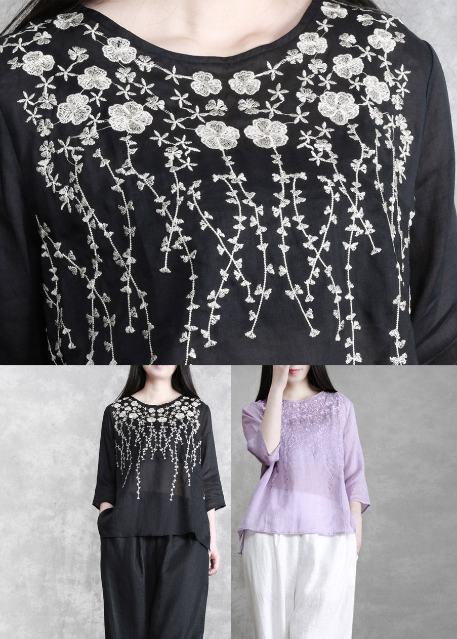 Boutique Violet O-Neck Embroideried Floral Linen Shirts Long Sleeve