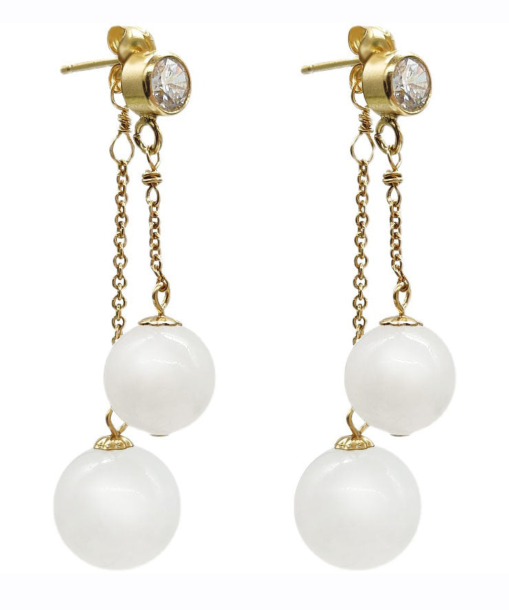 Boutique White 14K Gold Jade Zircon Tassel Drop Earrings