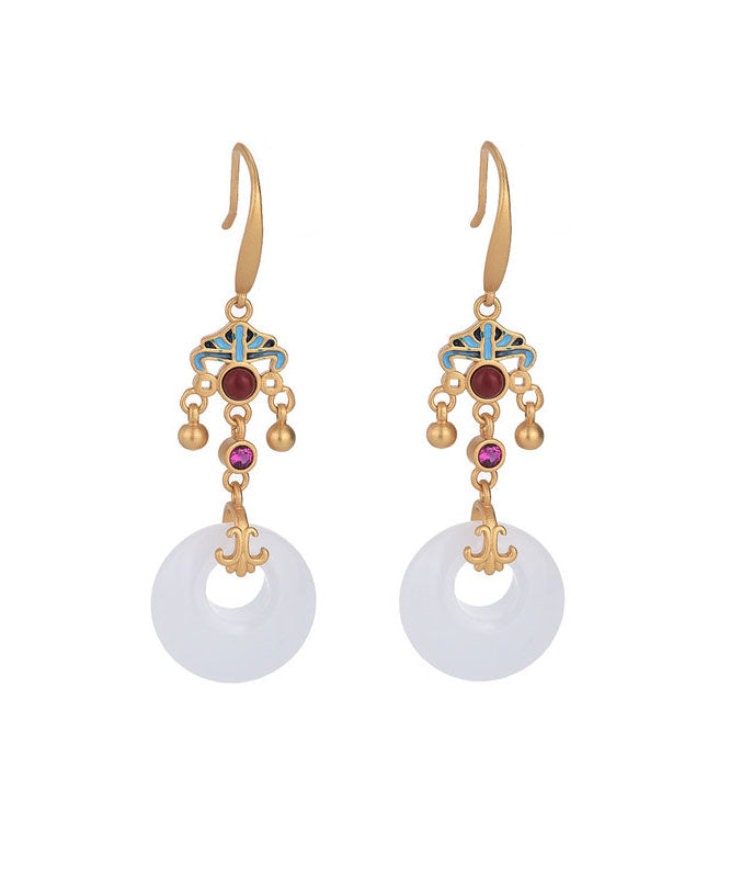 Boutique White Ancient Gold Enamel Cloisonne Jade Ping Buckle Drop Earrings