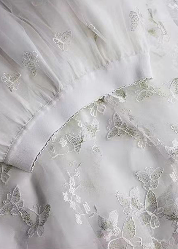 Boutique White Embroidered Butterfly High Waist Tulle Skirt Spring