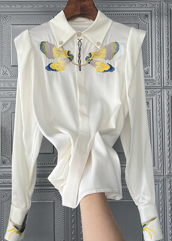 Boutique White Embroideried Patchwork Chain Silk Blouse Tops Spring