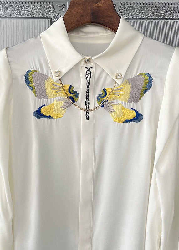 Boutique White Embroideried Patchwork Chain Silk Blouse Tops Spring