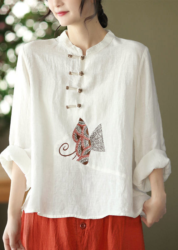 Boutique White O-Neck Embroideried Floral Button Linen Shirt Long Sleeve