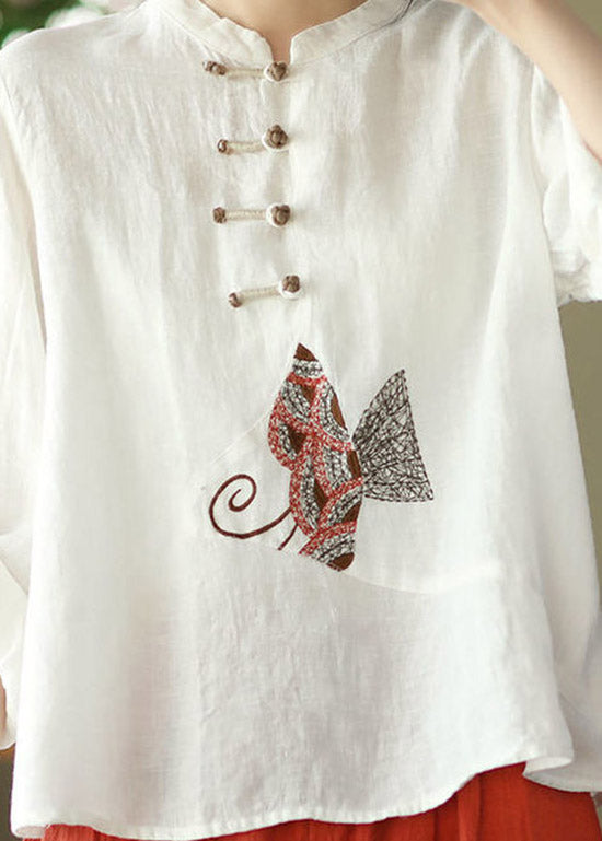 Boutique White O-Neck Embroideried Floral Button Linen Shirt Long Sleeve