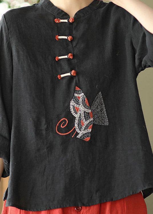 Boutique White O-Neck Embroidered Floral Button Linen Shirt Long Sleeve