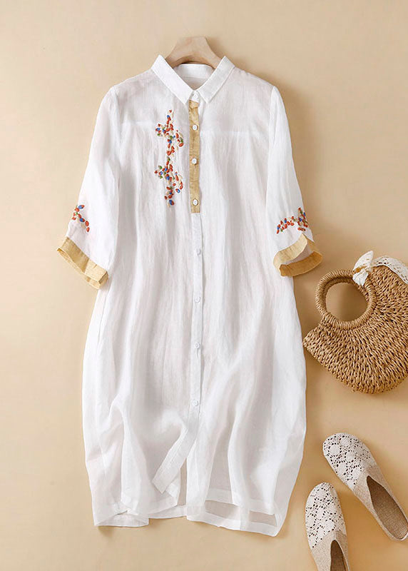Boutique White Peter Pan Collar Embroideried Patchwork Linen Shirts Dresses Summer