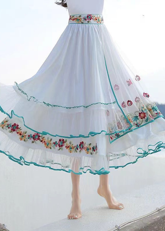 Boutique White Ruffled Embroideried Patchwork Chiffon Skirt Summer