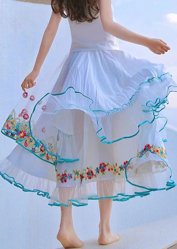 Boutique White Ruffled Embroideried Patchwork Chiffon Skirt Summer