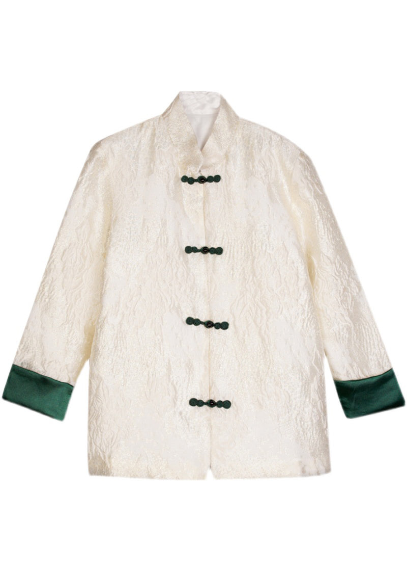 Boutique White Stand Collar Jacquard Silk Coat Long Sleeve