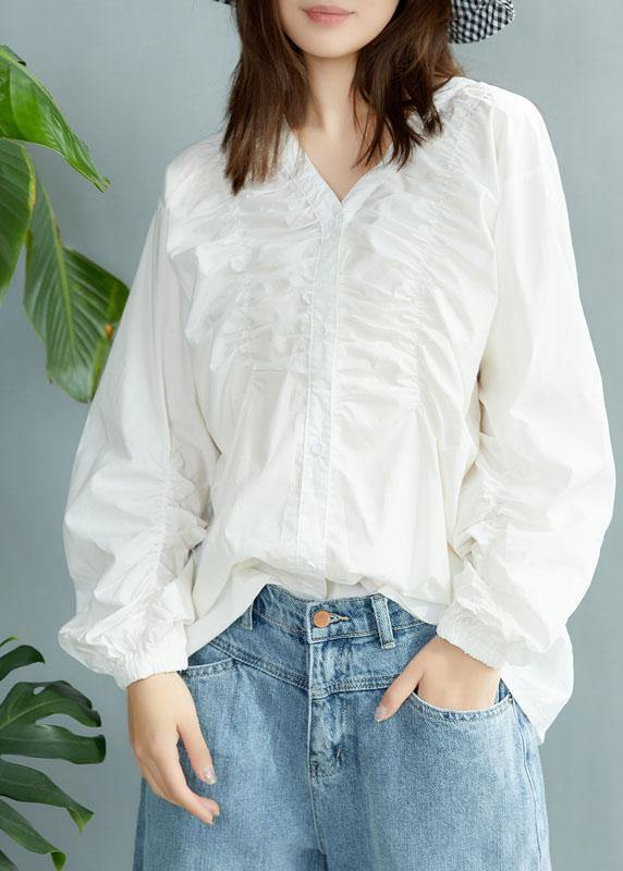 Boutique White V Neck Button Casual Fall Long sleeve Blouse Top - Omychic