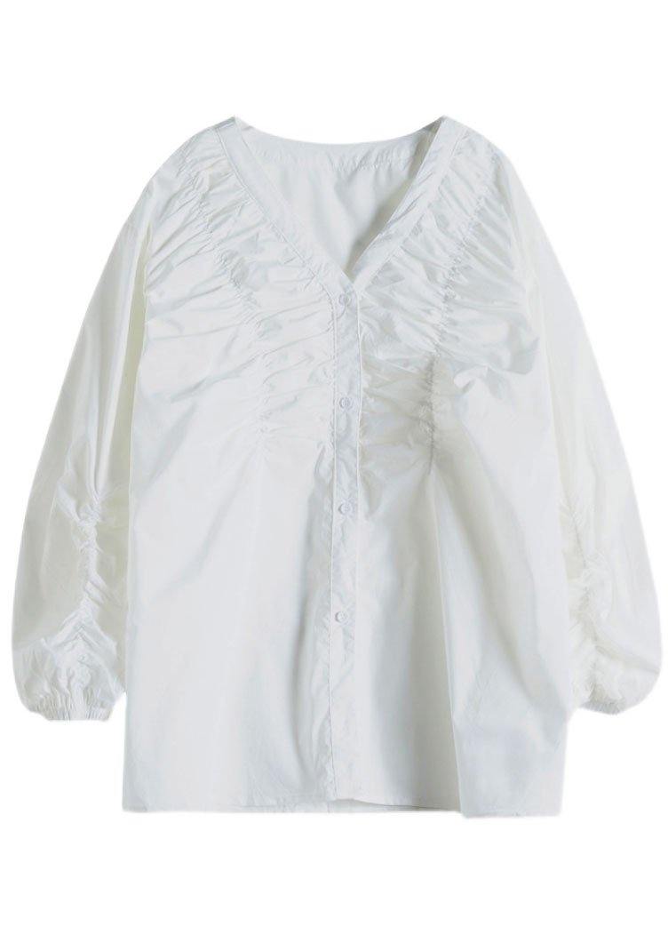 Boutique White V Neck Button Casual Fall Long sleeve Blouse Top - Omychic
