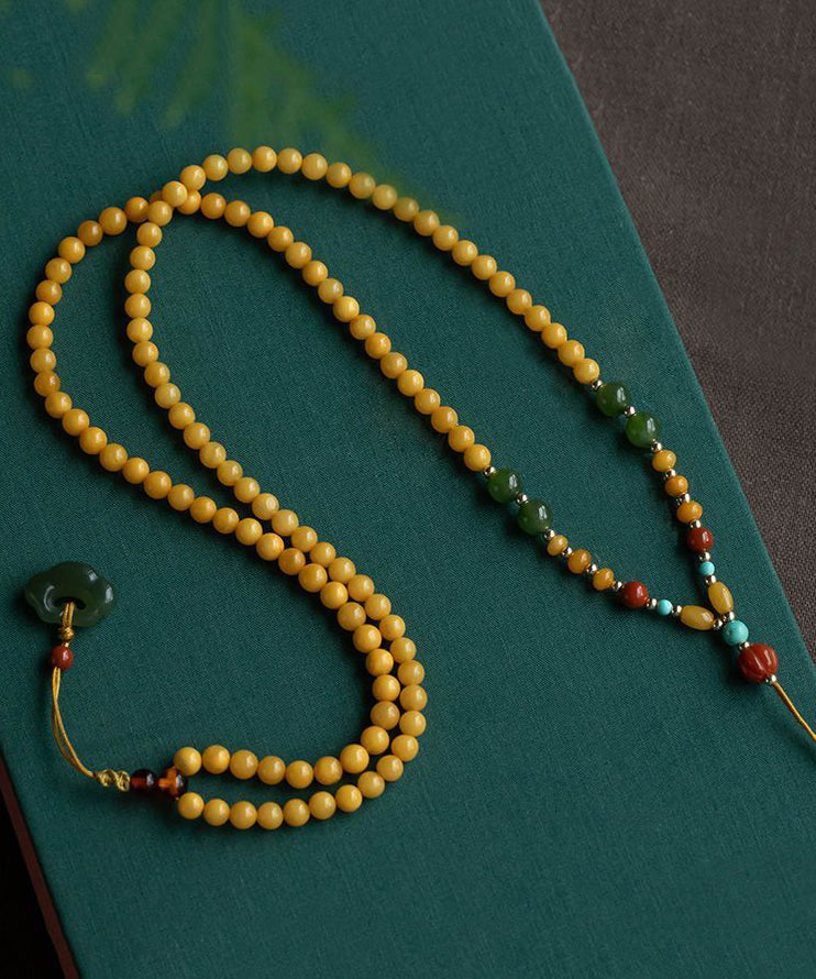 Boutique Yellow Alloy Beeswax Jade Agate Beading Pendant Necklace