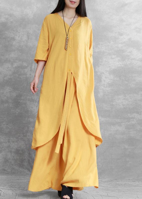 Boutique Yellow Button long shirts Wide Leg Two Pieces Set Cotton Dress - Omychic
