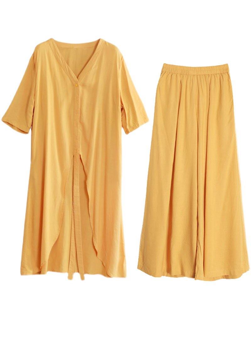 Boutique Yellow Button long shirts Wide Leg Two Pieces Set Cotton Dress - Omychic