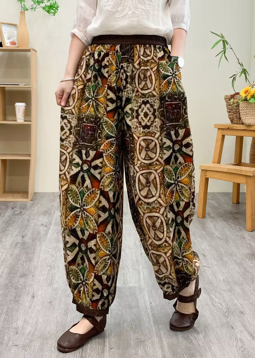 Boutique Yellow Elastic Waist Silk Linen Crop Harem Pants