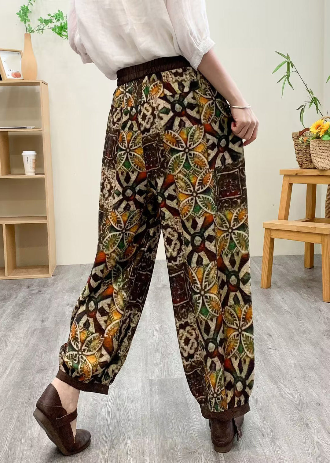 Boutique Yellow Elastic Waist Silk Linen Crop Harem Pants