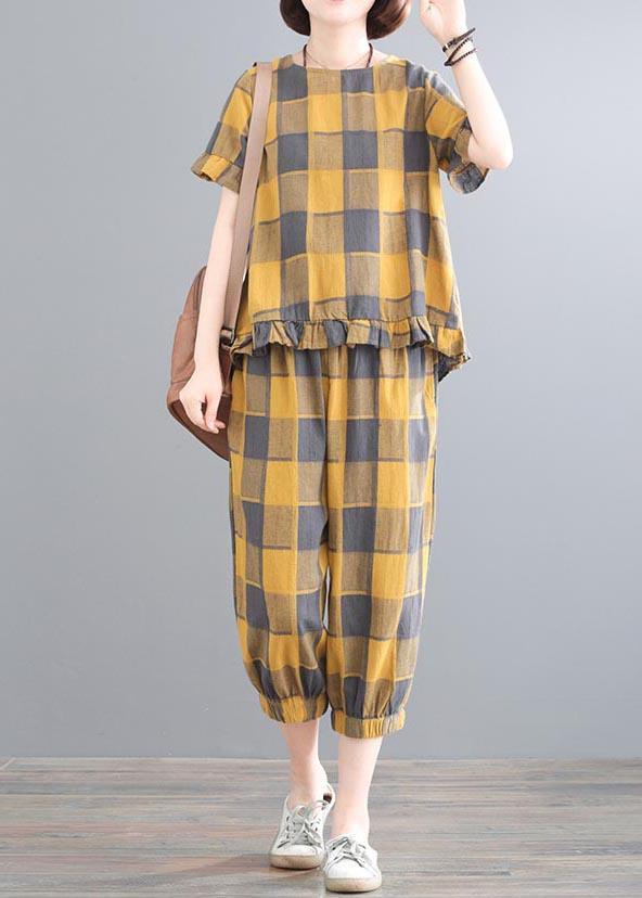 Boutique Yellow Plaid Ruffled Two Pieces Set Summer Linen - Omychic