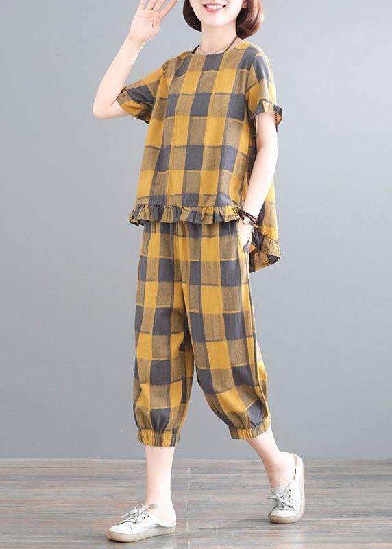 Boutique Yellow Plaid Ruffled Two Pieces Set Summer Linen - Omychic