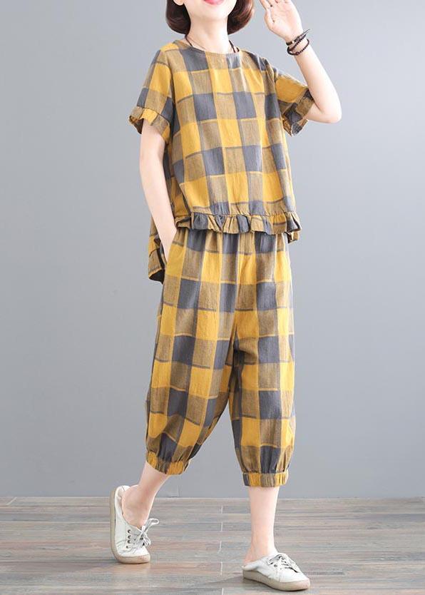 Boutique Yellow Plaid Ruffled Two Pieces Set Summer Linen - Omychic