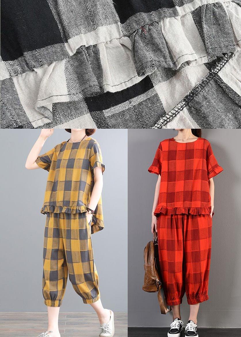 Boutique Yellow Plaid Ruffled Two Pieces Set Summer Linen - Omychic