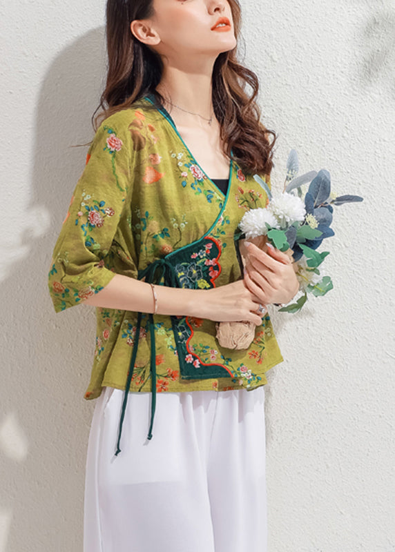Boutique Yellow V Neck Embroideried Floral Shirt Half Sleeve