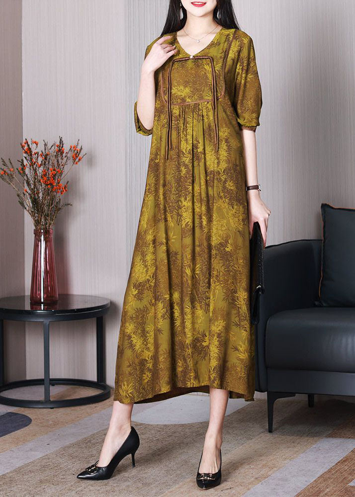 Boutique Yellow V Neck Patchwork Tasseled Print Silk Dresses Spring