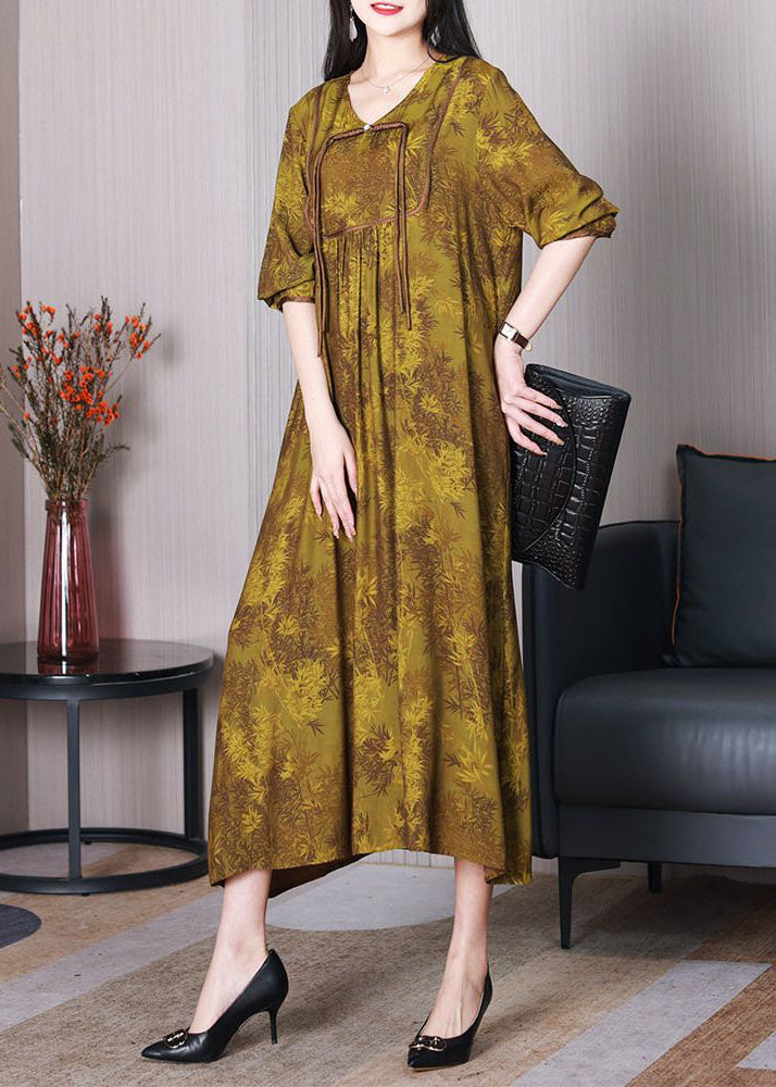 Boutique Yellow V Neck Patchwork Tasseled Print Silk Dresses Spring