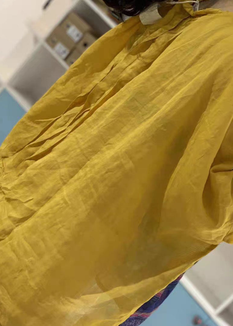 Boutique Yellow V Neck Print Patchwork Cotton Shirt Top Summer