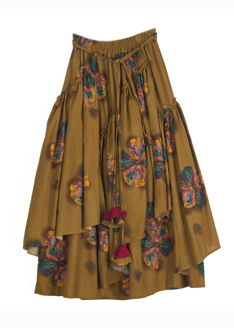 Boutique Yellow Wrinkled Asymmetrical Print Patchwork Linen Skirt Fall