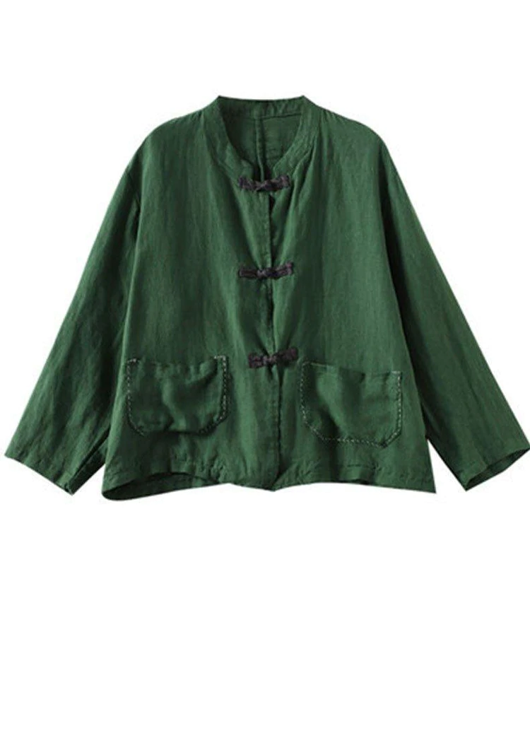 Boutique Green Stand Collar Embroideried Patchwork Linen Coat