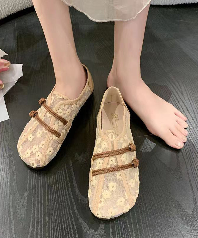 Breathable Mesh Khaki Flat Shoes Embroidery Splicing