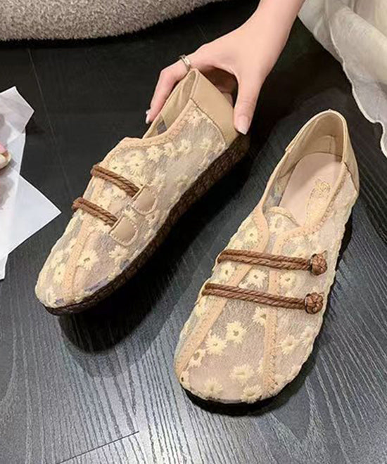 Breathable Mesh Khaki Flat Shoes Embroidery Splicing