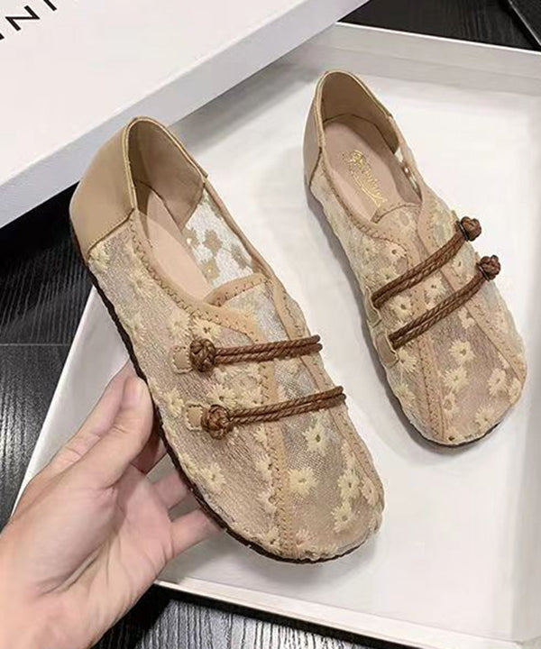 Breathable Mesh Khaki Flat Shoes Embroidery Splicing