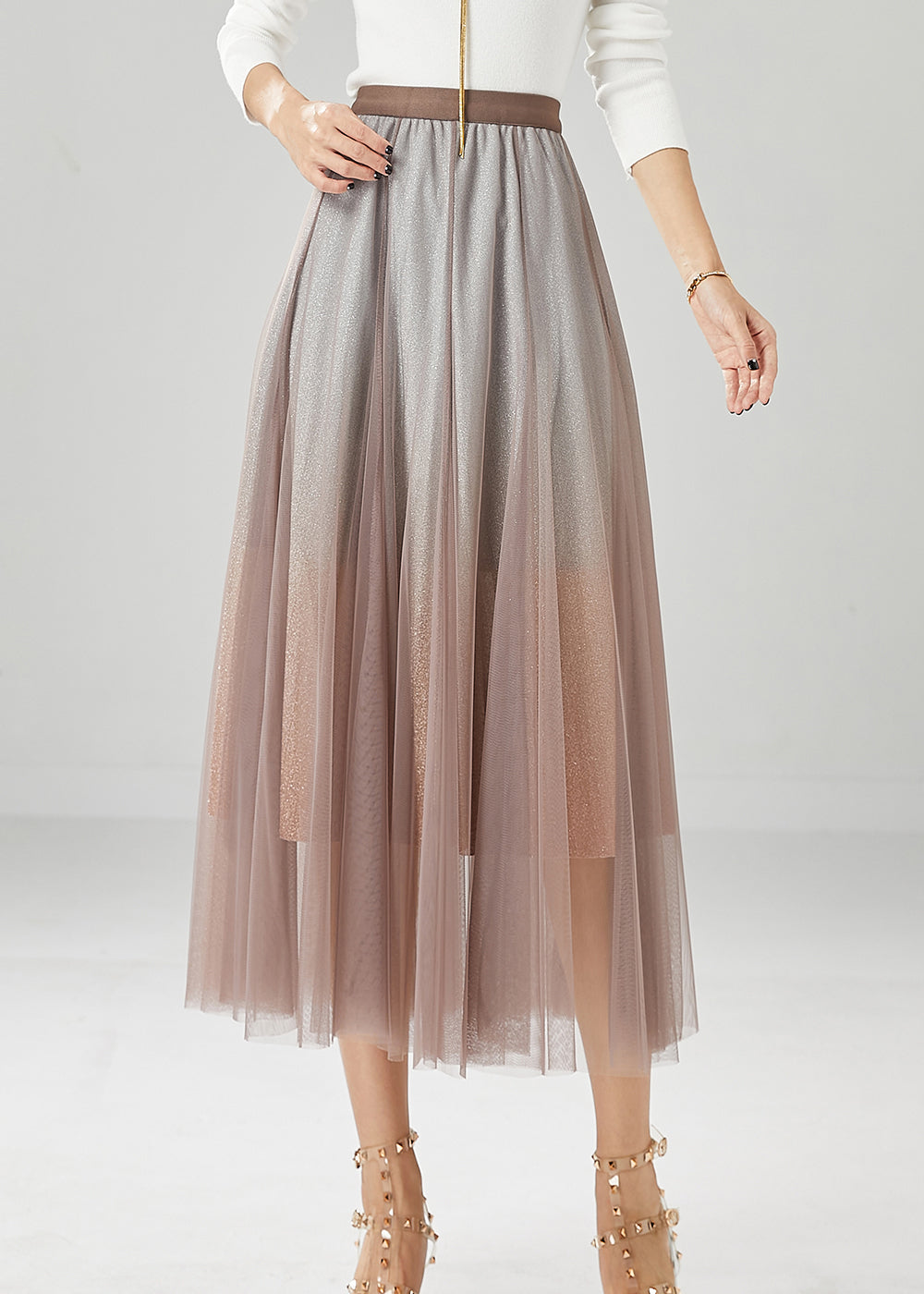 Brick Red Tulle A Line Skirt Gradient Color Summer