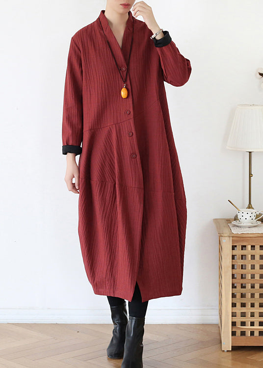 Brick Red V Neck Button Linen Trench Coats Long Sleeve