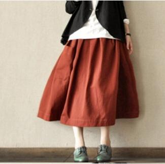 Brick red linen cotton baggy skirts vintage top quality casual skirts - Omychic